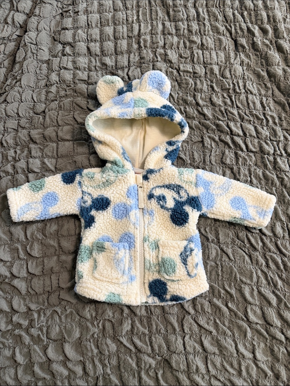 Disney Cream Teddy Jacket with Blue and Light Green Mickey Print